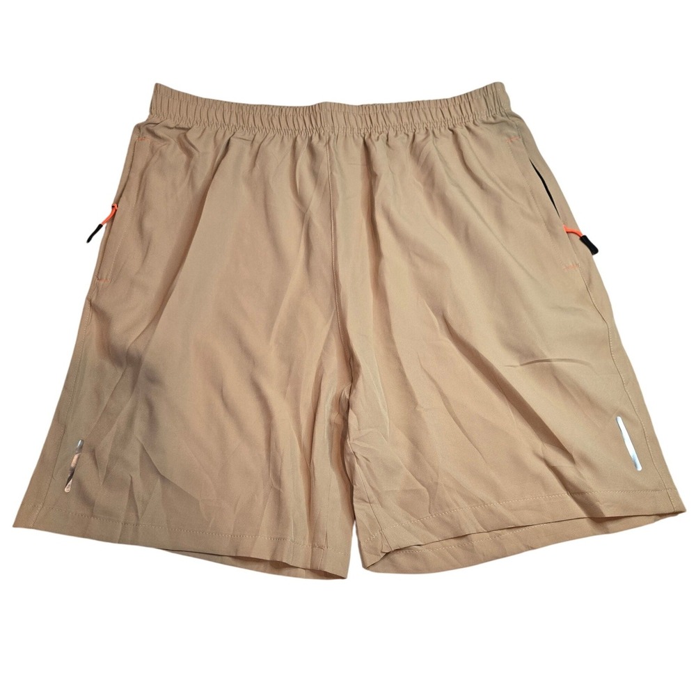 Mens Khaki Athletic Shorts XL Reflective Zipper Pockets Tan Performance Running